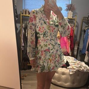 Lavender Brown Pink and Green Ruffled Sundress with Notched Collar